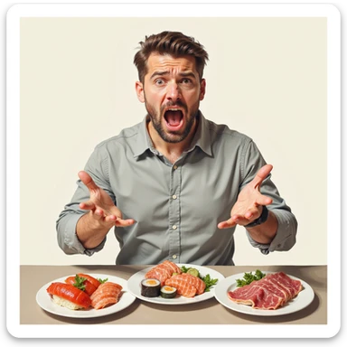 adult man refusing sushi, salami and cold cuts, disgusted expression, hands pushing away the plates, realistic style, light background sticker