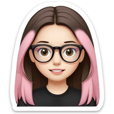 The girl with dark straight long hair, divided in the middle hairstyle, white skin, black eyes, wearing black shirt and tortoise framed glasses. The mounth is light old pink, with light smile with no teeth. sticker