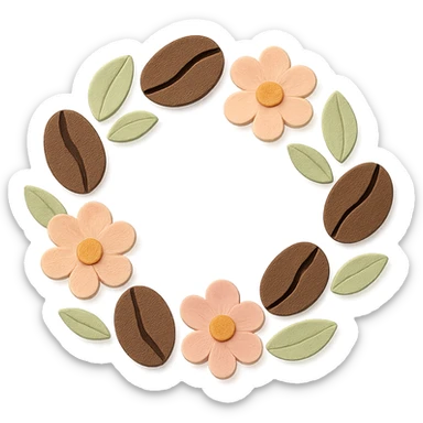 coffee bean floral wreath with leaves and flowers, hand-drawn pastel design sticker