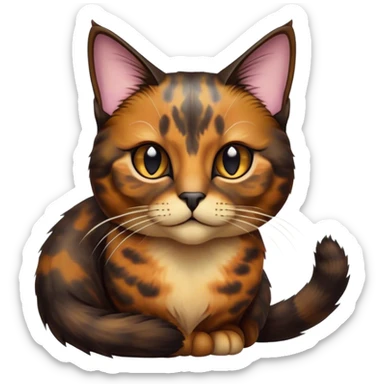 Cinematic Noble Tortoiseshell Cat Portrait Emoji, Poised and dignified, showcasing a luxurious, mottled fur of rich browns and blacks, with elegantly arched whiskers and a determined yet gentle expression, simplified yet meticulously detailed, glowing with a subtle, regal radiance, high shine, embodying quiet nobility and refined charm, soft glowing outline, capturing the essence of a sophisticated tortoiseshell cat exuding quiet authority! sticker