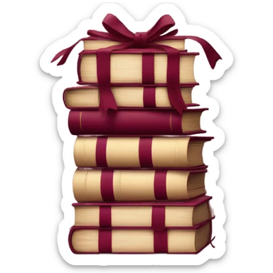 burgundy books stacked up and tied together by a burgundy bow sticker