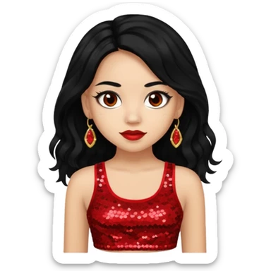 Jade from Bratz with long black hair, light skin, brown eyes, red sequin crop top sticker