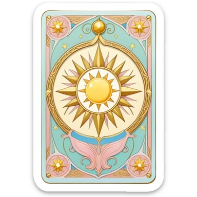 magical tarot-like card inspired by the Clow Cards from Cardcaptor Sakura. The card has ornate golden borders, a sun or moon symbol at the top, and a mysterious illustration in the center. The background is a soft, enchanted pastel tone. sticker