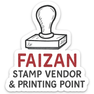 logo for 'Faizan Stamp Vendor & Printing Point', classic rubber stamp illustration, red and black colors, traditional and trustworthy look, clear business name sticker