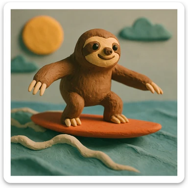 a sloth surfing, claymation style sticker