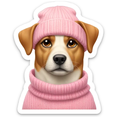 dog wearing a pink sweater wearing a cream coloured beanie  sticker
