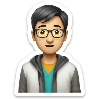  a 35-year old, male, balding Asian graduate student, glasses, inquisitive, goofy, scratching the back of his head in confusion,  sticker