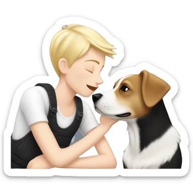 Tom boy with short blonde hair kissing a black and white épagneul breton dog  sticker