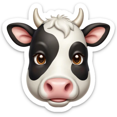 Cinematic Cute Black and White Cow Portrait Emoji, Head tilted playfully and inquisitively, featuring a glossy, contrasting coat of black and white, round, sparkling brown eyes filled with gentle curiosity, Simplified yet irresistibly adorable features, highly detailed, glowing with a warm, friendly glow, high shine, affectionate and serene, stylized with a touch of contemporary charm, bright and endearing, soft glowing outline, capturing the essence of a mischievous yet loving cow, so playful it feels like it could moo out of the screen and into your arms! sticker