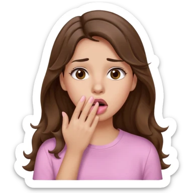 girl with wavy long brown hair, brown eyes, light to medium complexion, long lashes, light pink lipstick, wearing light pink shirt, shocked, hand covering mouth, oh no  sticker
