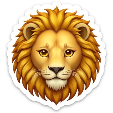 Cinematic Lion Emoji, Vibrant and bold, Iconic and striking design, rim lighting effect, golden and amber tones, Simplified yet expressive features, highly detailed, glowing with warm golden hues, high shine, fierce and majestic, stylized with a touch of fantasy, playful and bold, blending realism with charm, soft glowing outline, clean and immaculate design, confident and strong pose, capturing the essence of a lion in an easily recognizable and captivating form, so lively it feels as though it could roar out of the screen! sticker