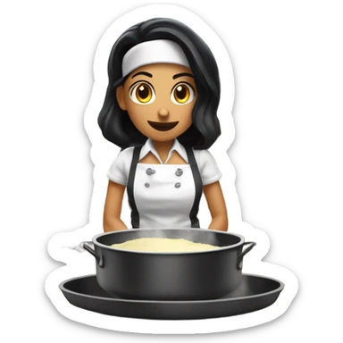 White woman with straight black hair cooking a soufflé while teaching a graduate class sticker