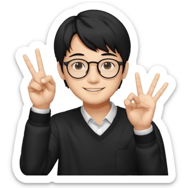 kim taehyung do bts de cabelo preto, óculos, sorrindo e fazendo dois com a mão esquerda  sticker