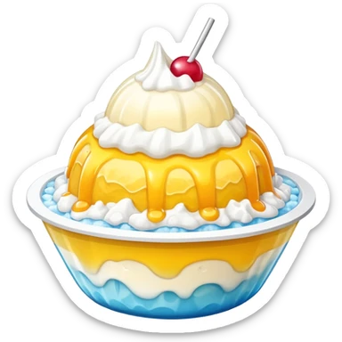 white shaved ice dessert topped with yellow syrup sticker