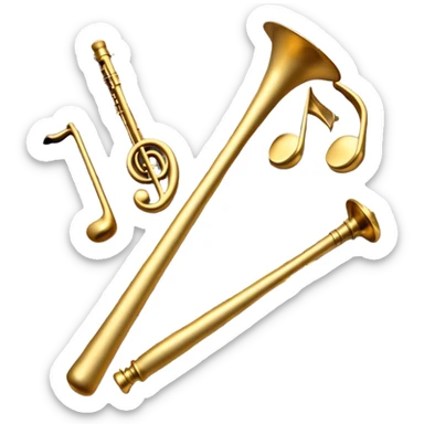 Create an elegant and artistic emoji that represents music arrangement and orchestration. The design should feature a conductor's baton, musical scores, and various orchestral instruments (drums, violin, trumpet, electric guitar, synthesizer). Incorporate flowing lines to represent harmony and orchestral balance, along with a subtle representation of sheet music. Use rich, classical colors like gold, silver, or deep blue, and create an atmosphere of sophistication and precision. The background should be transparent. sticker