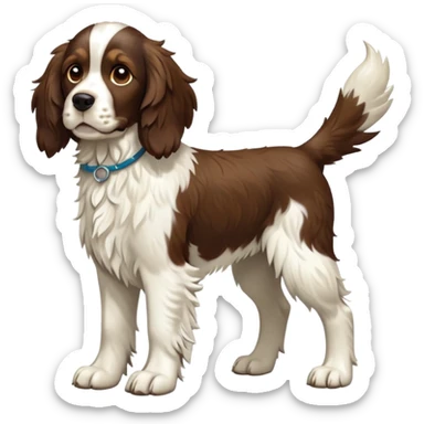 cinematic-[Springer Spaniel]-realistic-full-body-standing-emoji,-tail-resting-loosely-beside-its-paws,-head-tilted-dramatically, -scruffy-[brown and white]-fur,-simplified-yet-realistic-focused-features,-highly-detailed,-glowing-with-an-almost-sarcastic-glow sticker