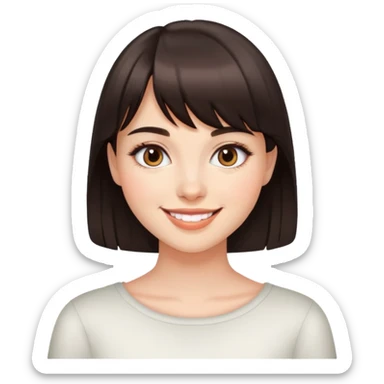 Young woman with dark brown bangs, natural light makeup, friendly smile sticker