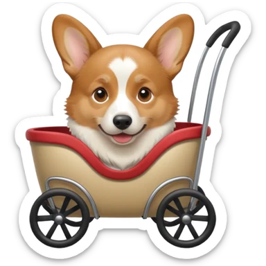 real-looking male corgi in a dog stroller, apple emoji style sticker