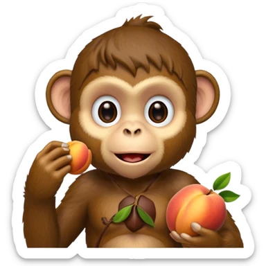 monkey sitting on a bench and eating peach and chocolate sticker