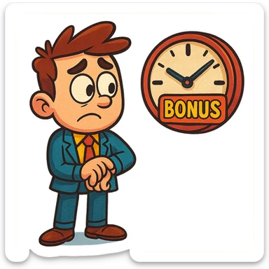 a cartoon character looking at a clock, waiting for a bonus slot, vibrant colors sticker