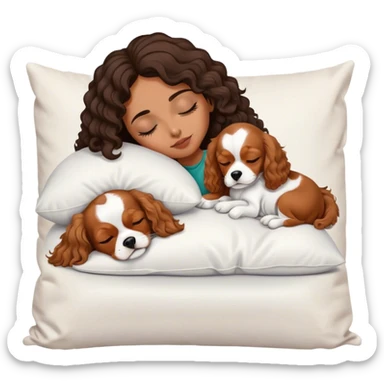 Curly dark hair medium length mixed girl sleeping on pillow with white and tan cavalier dog sticker