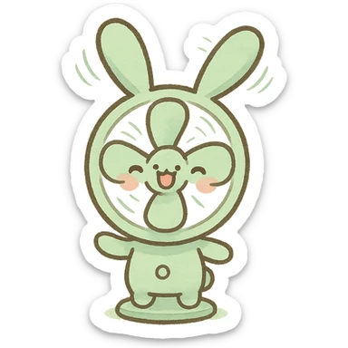 cute electric fan bunny with ears spinning like blades, cheerful face, pastel green, full-body sticker