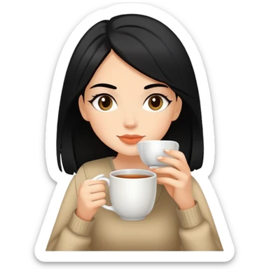 white girl with black hair doing self care, drinking tea, relaxing sticker