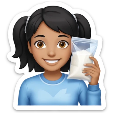 Black hair Girl smiling holding a clear ziploc bag with white powder sticker
