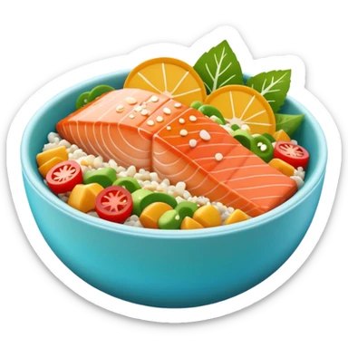 salmon poke bowl with smooth and three-dimensional texture without pixelation, salmon and toppings clearly visible, iPhone emoji style sticker
