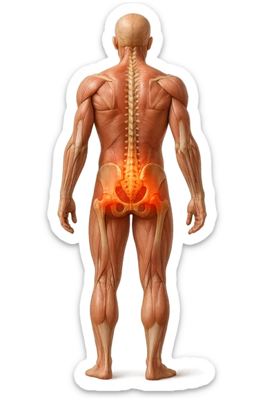 CORPO UMANO ANATOMICO A FIGURA INTERA REALISTICO DI SPALLE CON DOLORE ALLA LOMBARE INFIAMMATA, DOLORE ALL'ANCA, IPERREALISTICO 4K sticker