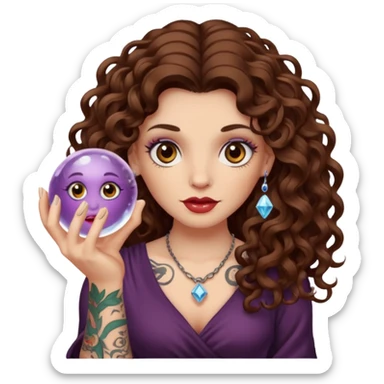 woman with long curly brown hair, brown eyes, white skin, tattoos, holding a crystal ball showing nonsense sticker