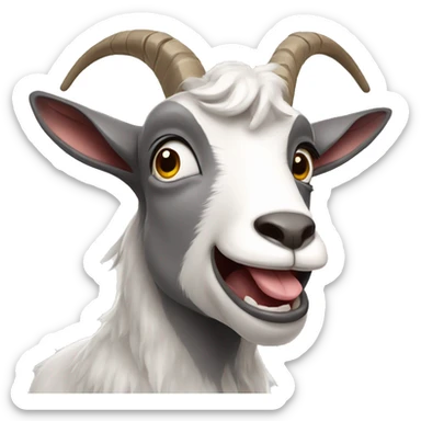 a grey and white goat making a silly face with the tongue out sticker