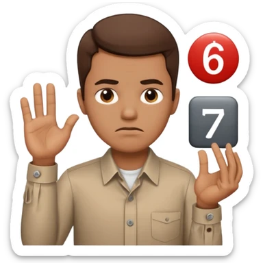 man frowning holding up numbers 6 and 7 sticker