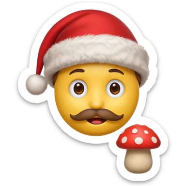 yellow emoji face with brown mustache and red Christmas hat, holding tiny red mushroom, 3D emoji style, 1:1
 sticker