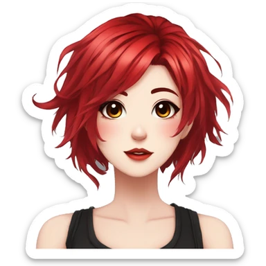 Gorgeous anime style lady with blushing face aesthetic and pretty edgy black red punk hair with hair garment trending style sticker