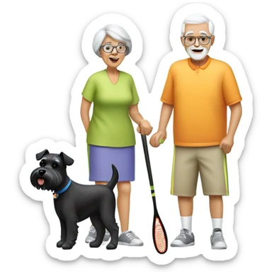 A grandma and a grandpa playing pickleball with a black and white schnauzer dog sticker