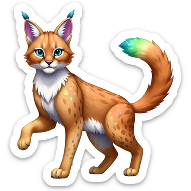 Vibrant multicolored Falvie-Fionbri-Bobcat-Caracal-creature-sparkle-feline-fursona, full body sticker