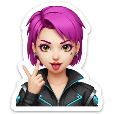Woman with her tongue out in cyberpunk clothing and giving the middle finger. Looking naughty. sticker