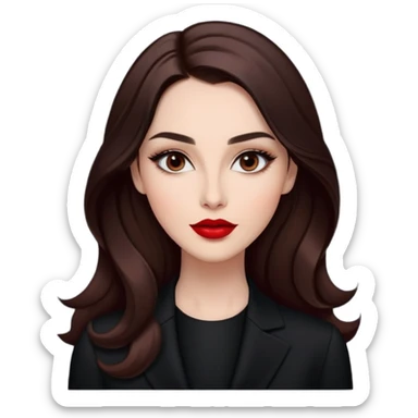 Professional actress with radiant fair skin, elongated face, large dark almond eyes with elegant makeup, defined eyebrows, full red lips, long dark straight hair with soft waves, wearing sophisticated black outfit, confident but approachable expression sticker