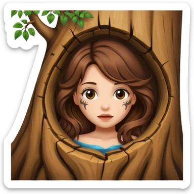 cute woman long wavy brown hair tattoos peeking from tree hole sticker