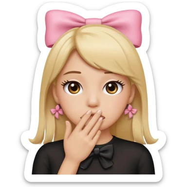 Hayır sırta emoji olsun eli ağzında olsun gözlerinde kirpik olsun kafasının yanında da kurdele olsun sticker