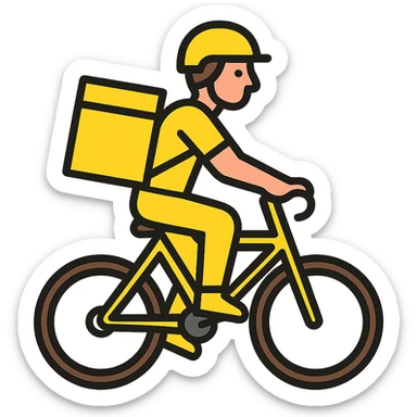 A courier on a yellow bicycle wearing yellow clothes, riding from left to right sticker