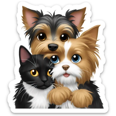 Yorkie hugging a black and white cat  sticker