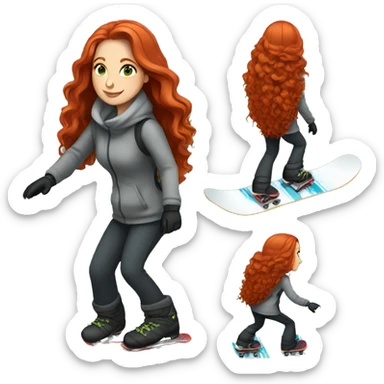 White woman with long red hair and grey-green eyes snowboarding sticker