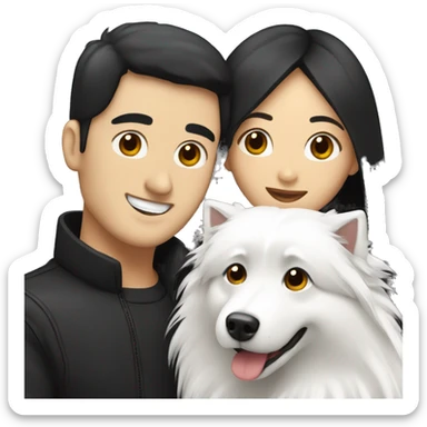 a man with black hair and a woman with black long hair hugging two white japanese spitz dogs sticker