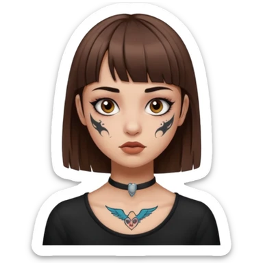 Alternative girl with straight brown hair and micro bangs and a throat tattoo sticker