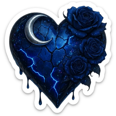 gothic heart with fractured deep blue glass, decorated with a silver crescent moon, midnight blue roses, iridescent holographic stardust, neon lightning bolts, wet shiny finish sticker