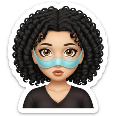 a pretty tan bratz girl with black curly hair. no makeup, looking sick, wearing a mask sticker