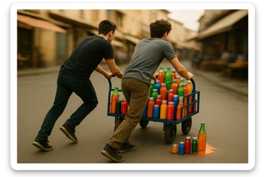 endi shu aravani bir balonchasi singan ko'rinishda va aka uka uning yonida turganini tasvirla yuzlari ko'rinmasin sticker