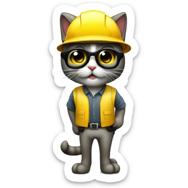 Gato con casco amarillo de trabajo y unas gafas transparentes de seguridad sticker